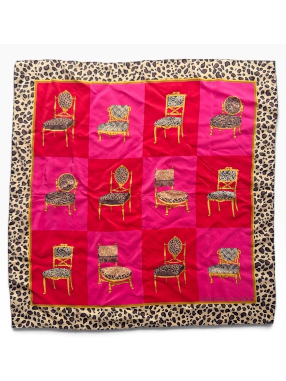Adrienne Vittadini Chair Animal Print Leopard Print Hot Pink Red Silk Scarf